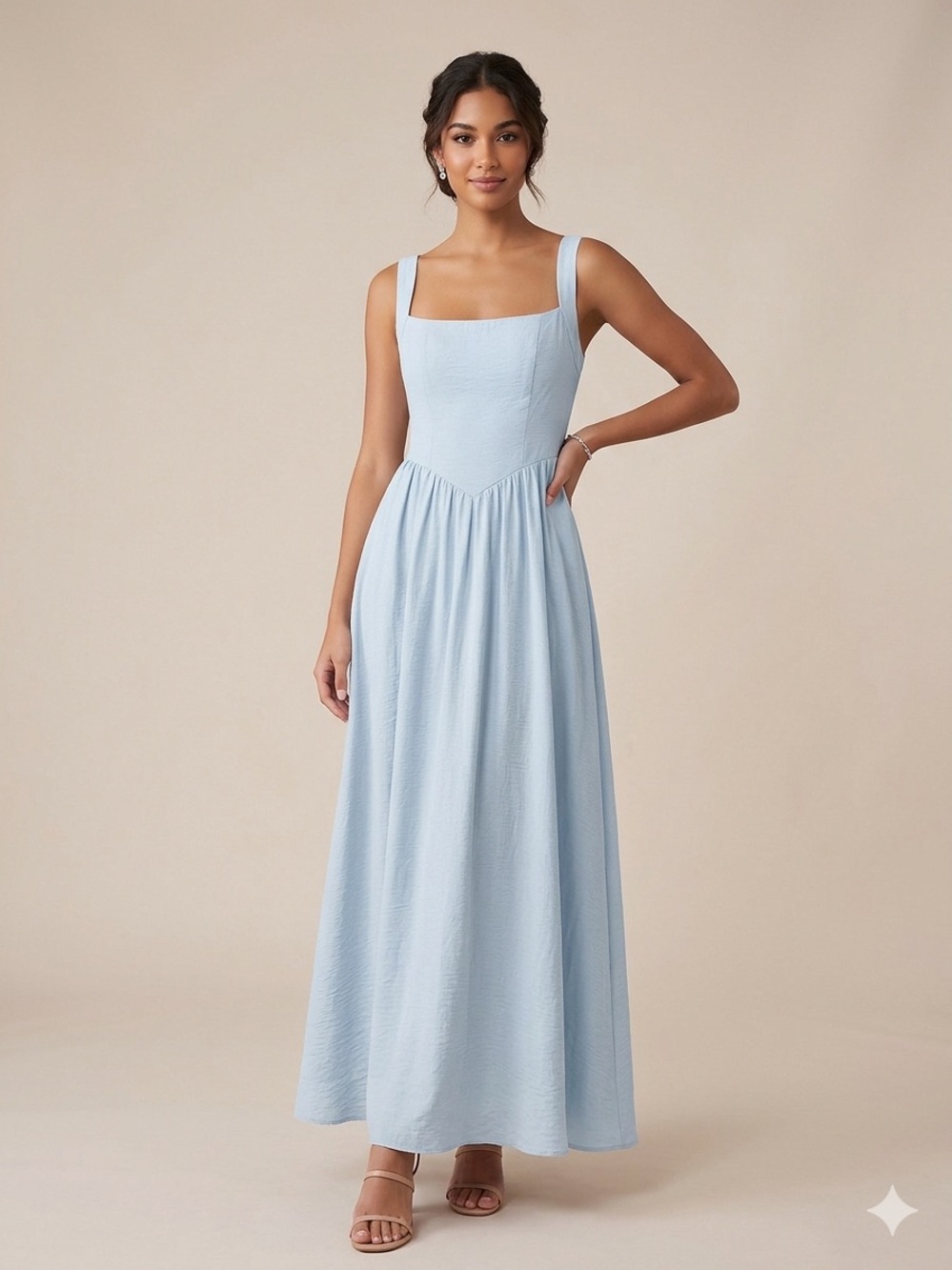 Square Neck Light Blue Maxi Dress with Wide Straps
